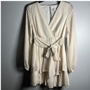 Jopxa Womens Beige Leopard Print Long Sleeve Ruffle Tiered Wrap Dress Size S